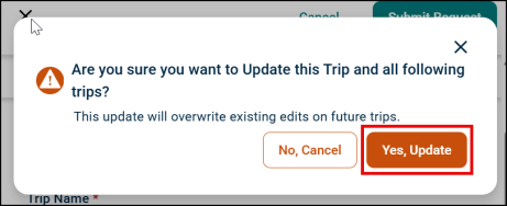 Update Trip Details pop-up
